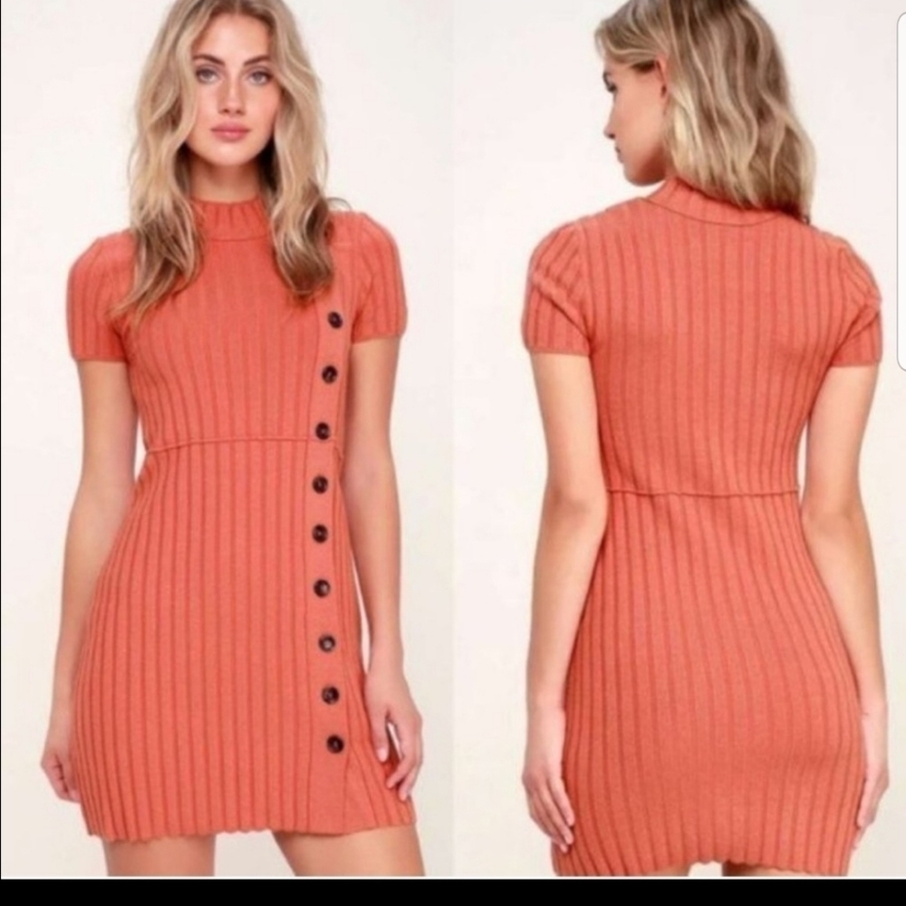 Free People Sz L Knit Sweater Dress Lottie Rib Buttons Details